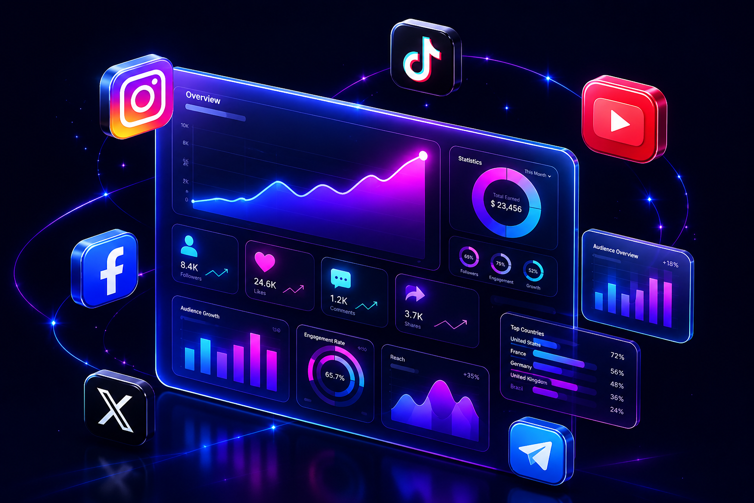 Tableau de bord Pro Booster avec statistiques et réseaux sociaux